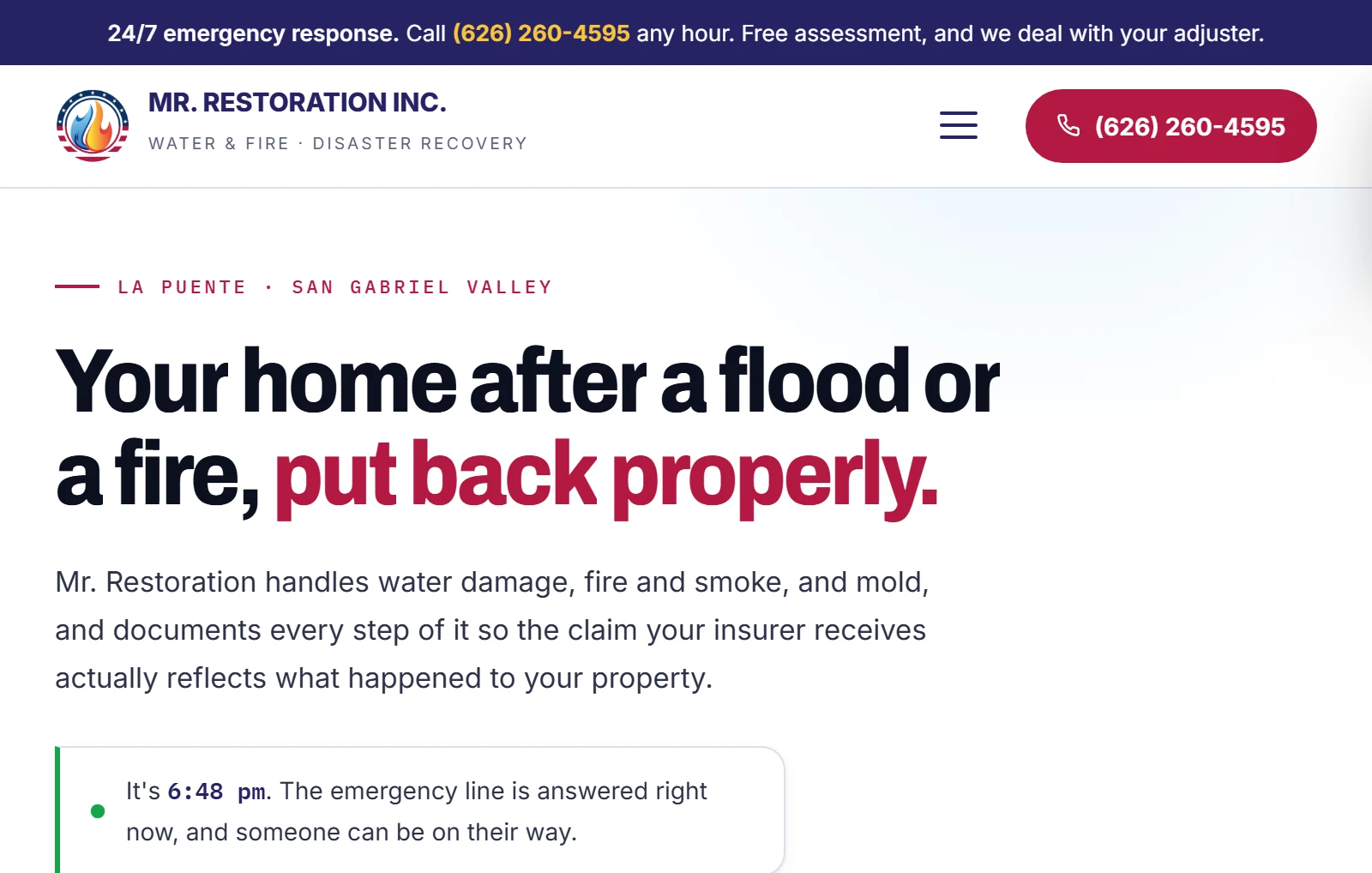 Mr. Restoration Inc. website after Mission Hub