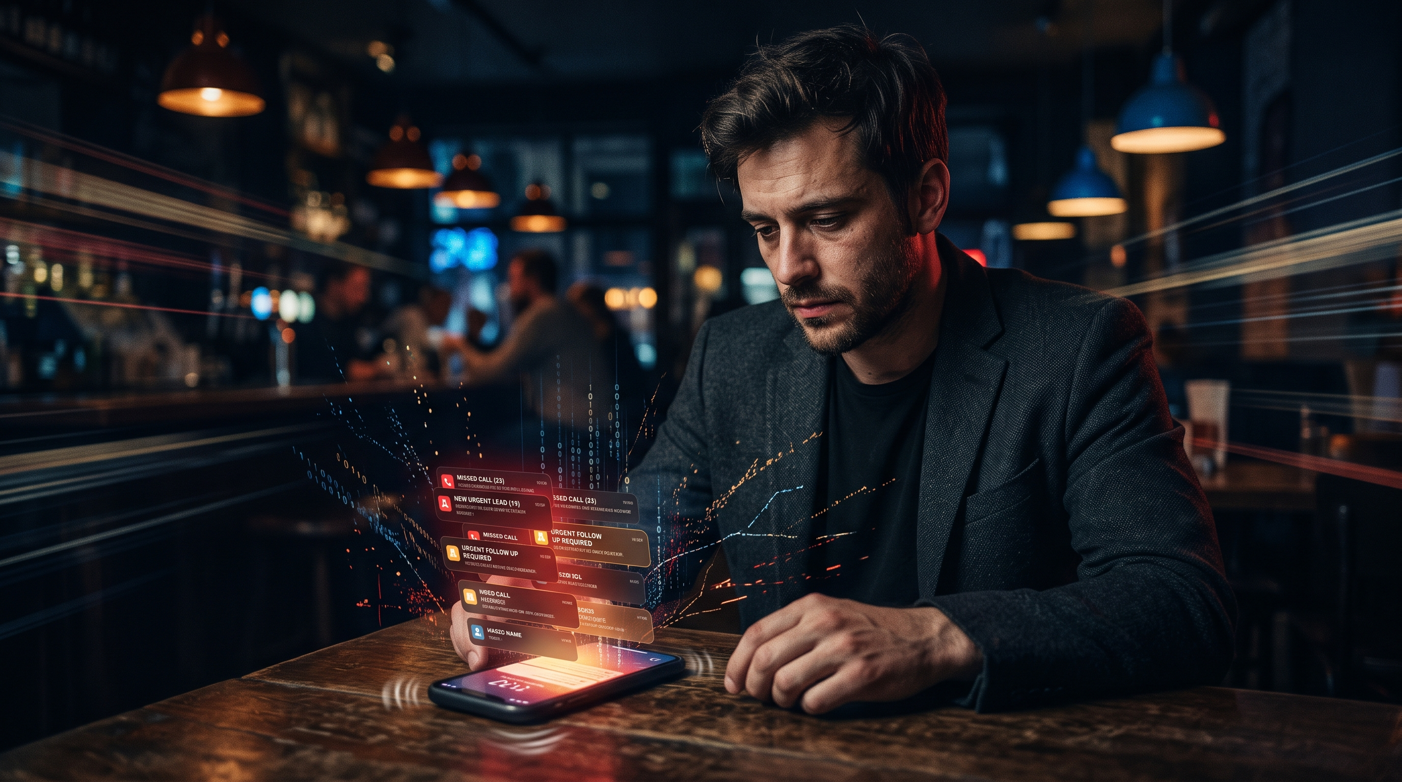 Missed leads — phone with unanswered notifications and data streams