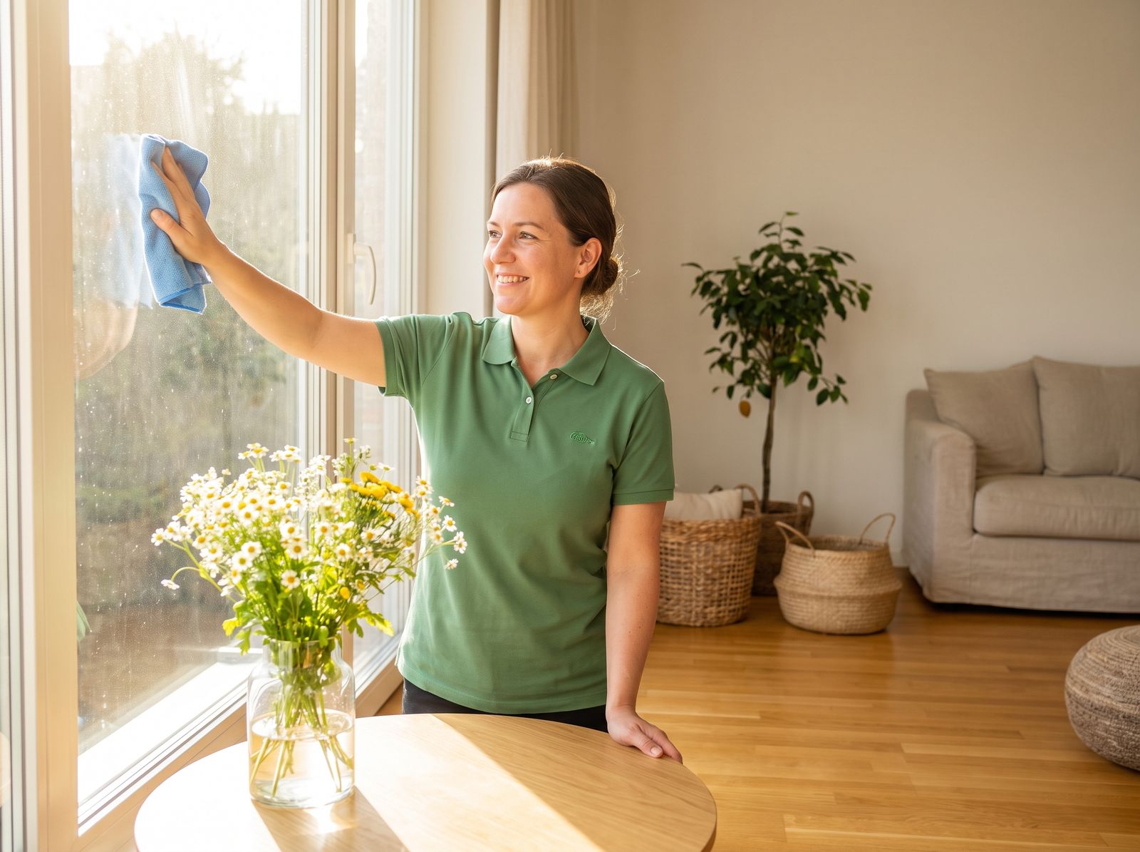 Bright Path Cleaning Co. team member cleaning a bright, tidy living room